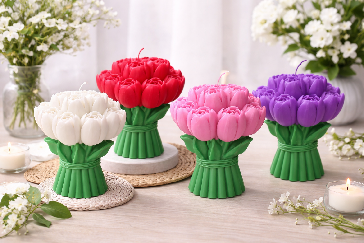 Tulip Flower Shaped Decorative Candle, Realistic Floral Wax Bouquet for Gifting and Room Decor