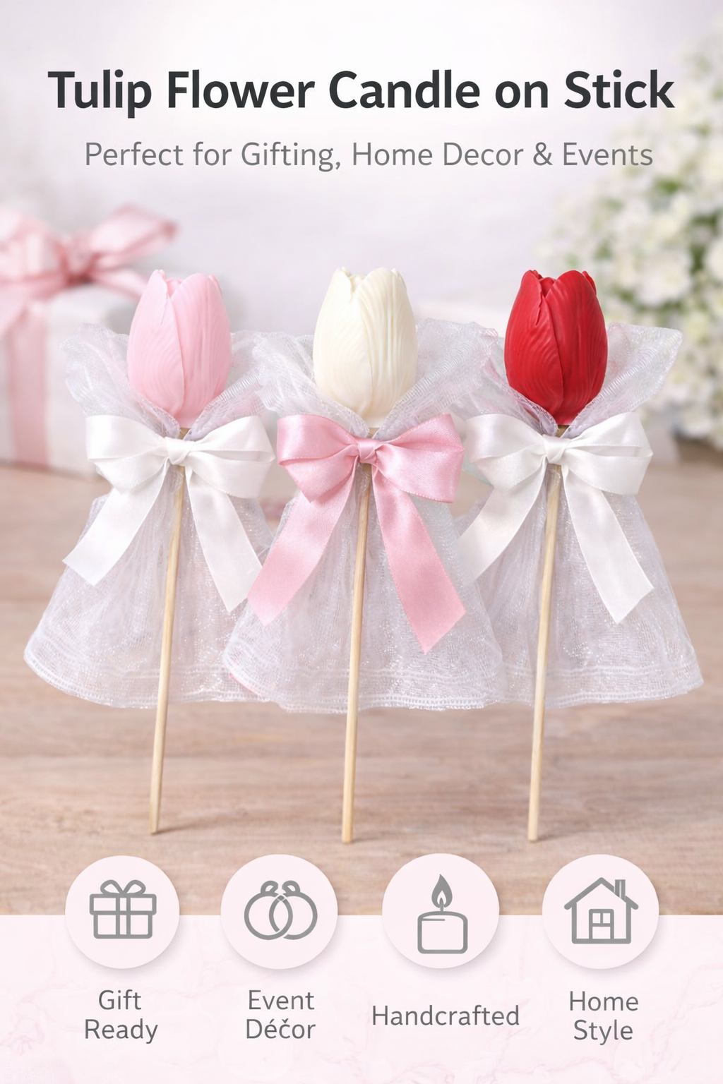 Tulip Flower Candle on Stick | Decorative Floral Candle for Gifting, Home Decor & Events | Handcrafted Wax Candle with Ribbon Wrap