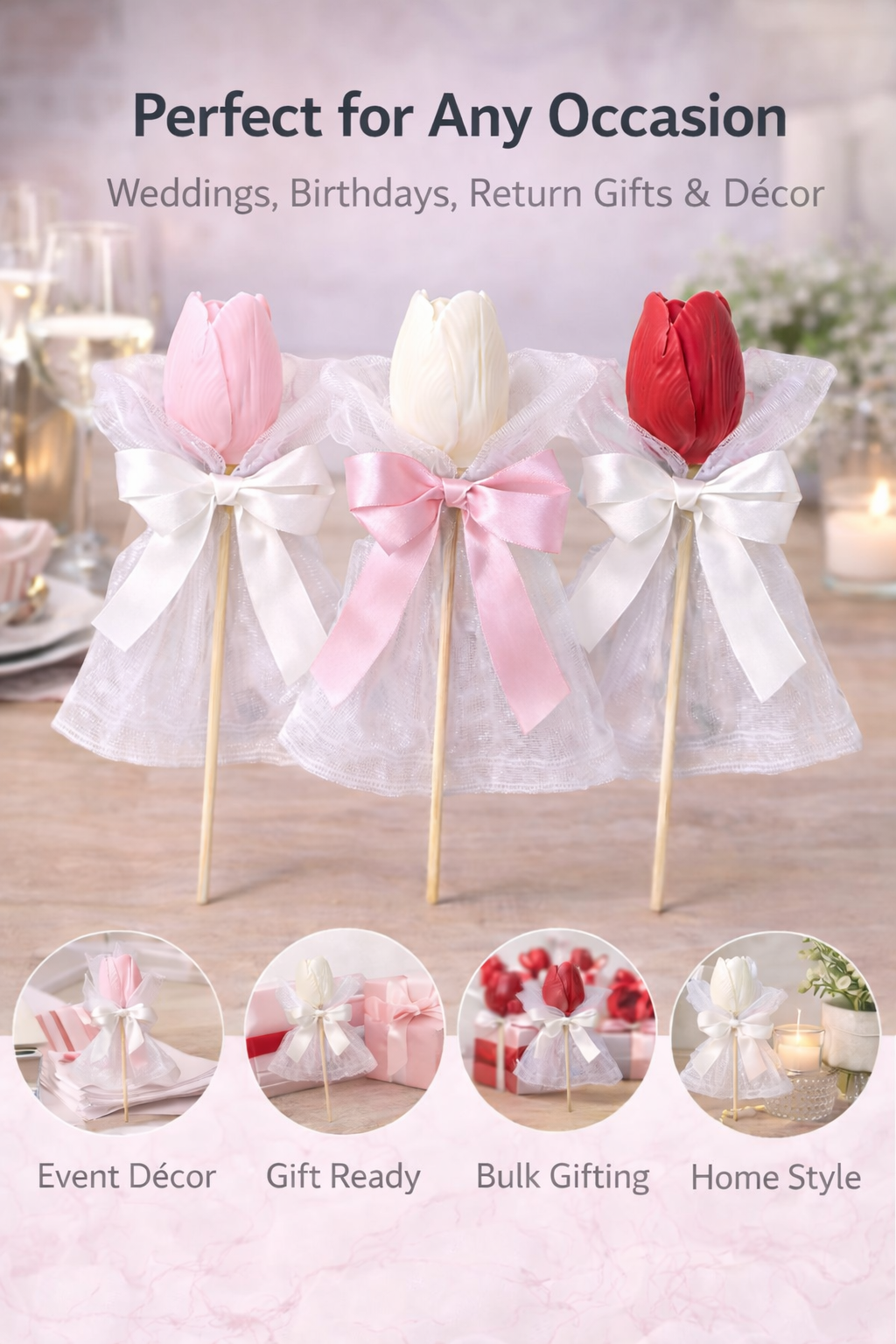 Tulip Flower Candle on Stick | Decorative Floral Candle for Gifting, Home Decor & Events | Handcrafted Wax Candle with Ribbon Wrap