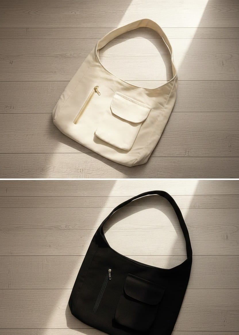 Canvas Short Handle Tote Bag for Women – Beige & Black Minimal Design with Zip Closure & Front Pocket | Everyday Handbag