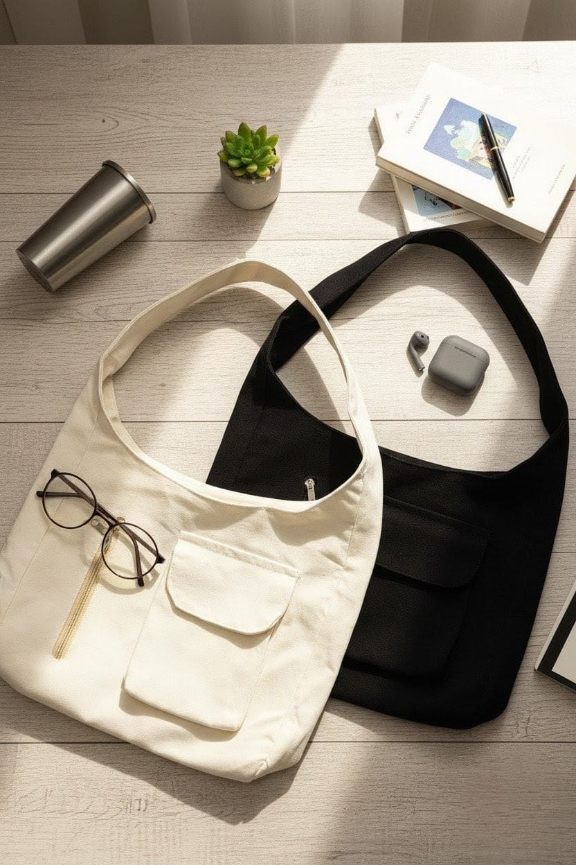 Canvas Short Handle Tote Bag for Women – Beige & Black Minimal Design with Zip Closure & Front Pocket | Everyday Handbag