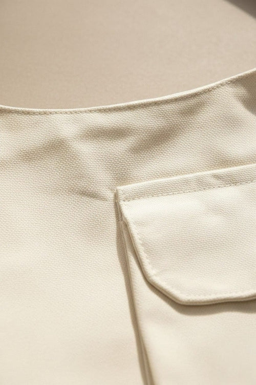 Canvas Short Handle Tote Bag for Women – Beige & Black Minimal Design with Zip Closure & Front Pocket | Everyday Handbag