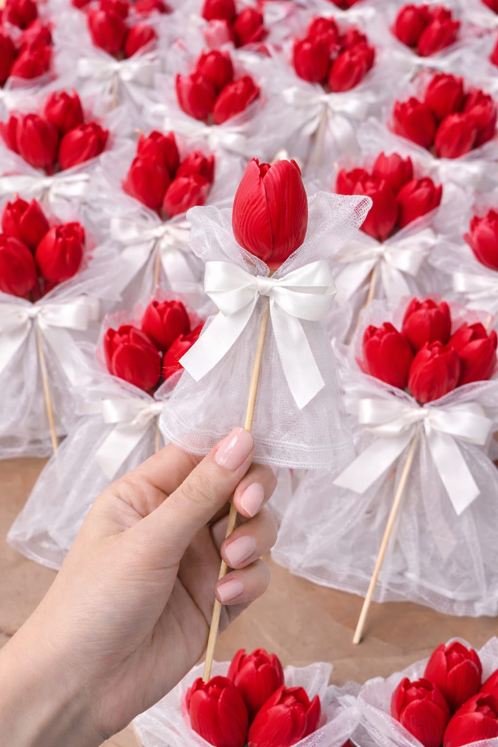 Tulip Flower Candle on Stick | Decorative Floral Candle for Gifting, Home Decor & Events | Handcrafted Wax Candle with Ribbon Wrap