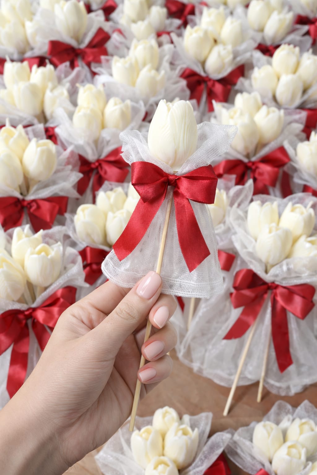 Tulip Flower Candle on Stick | Decorative Floral Candle for Gifting, Home Decor & Events | Handcrafted Wax Candle with Ribbon Wrap