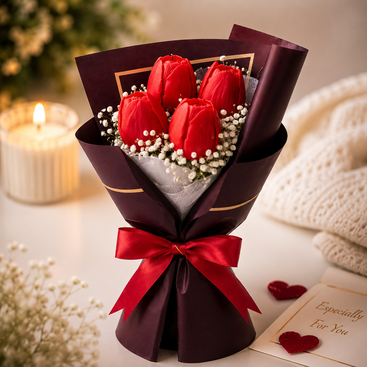 Handcrafted Tulip Flower Bouquet Candle | Decorative Floral Wax Candle Gift for Home Décor