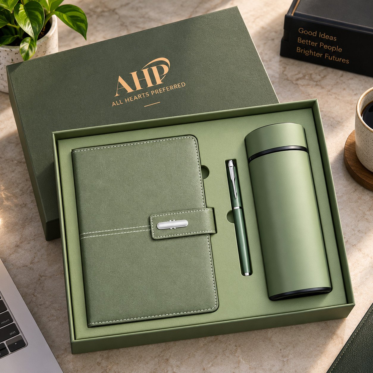 AHP Premium 3-in-1 Leather Notebook, Tumbler & Pen Gift Set