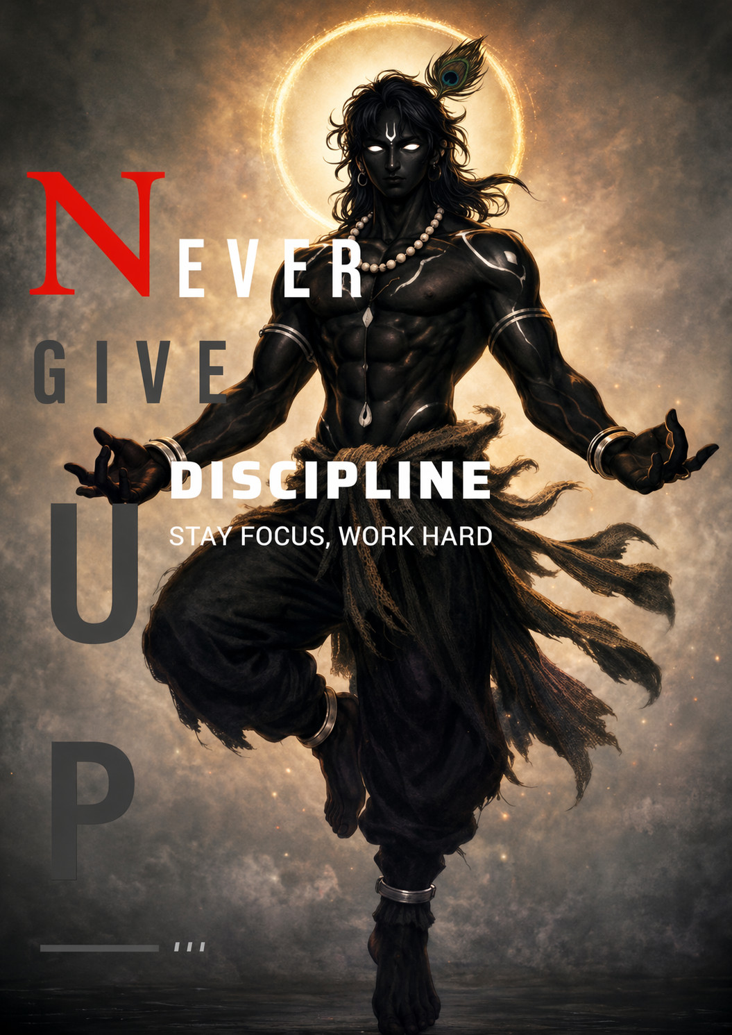 Never Give Up Discipline Motivational Krishna Wall Frame A4 Size | Inspirational Room Decor Poster