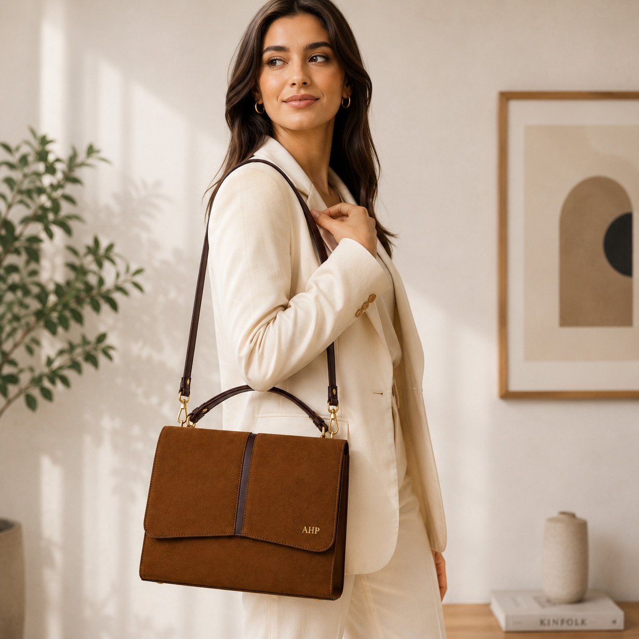 AHP Classic Brown Suede Handbag with Adjustable Shoulder Strap