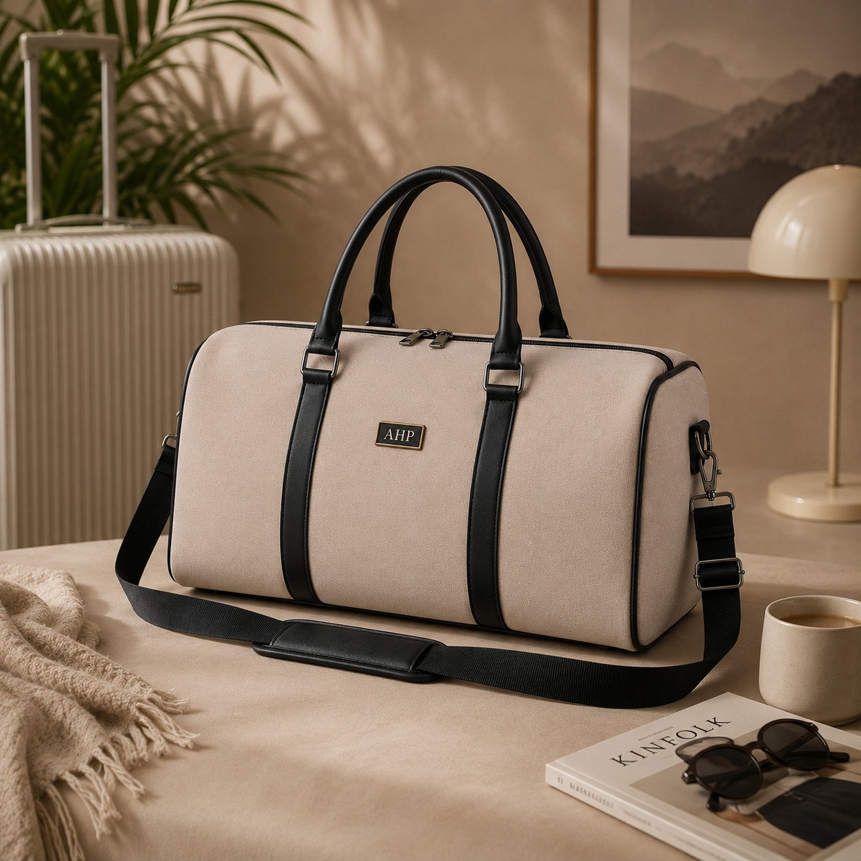 AHP Premium PU Leather Travel Duffel Bag | Weekender, Gym & Cabin Luggage Bag (Beige)