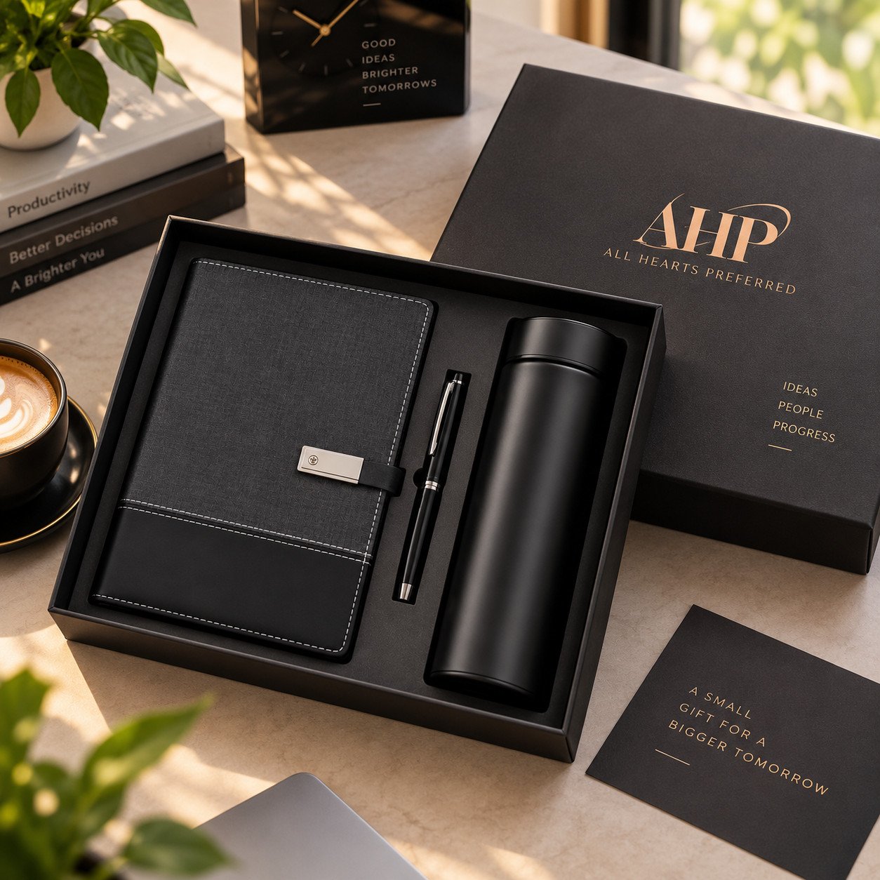 AHP Premium Black Notebook, Pen & Bottle Gift Set