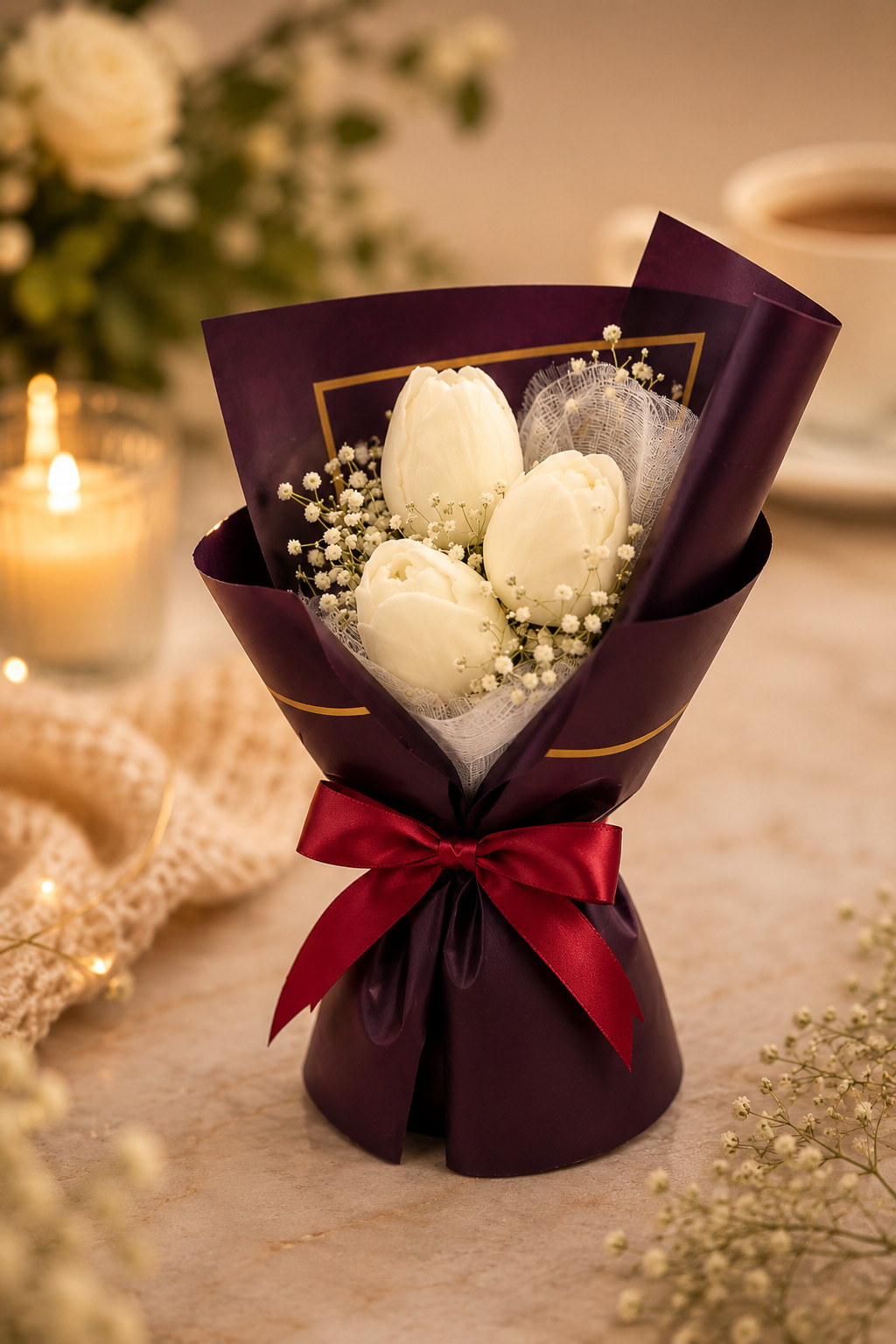 Handcrafted White Tulip Flower Bouquet Candle | Luxury Floral Wax Decorative Gift