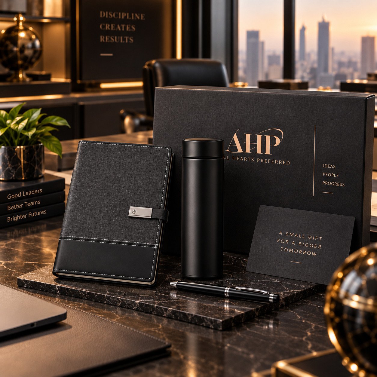 AHP Premium Black Notebook, Pen & Bottle Gift Set