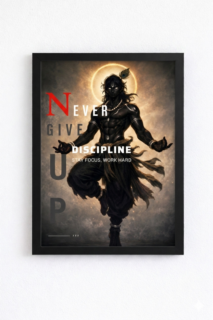 Never Give Up Discipline Motivational Krishna Wall Frame A4 Size | Inspirational Room Decor Poster