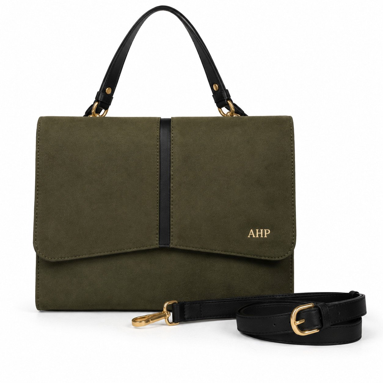 AHP Classic Olive Green Suede Handbag with Adjustable Shoulder Strap